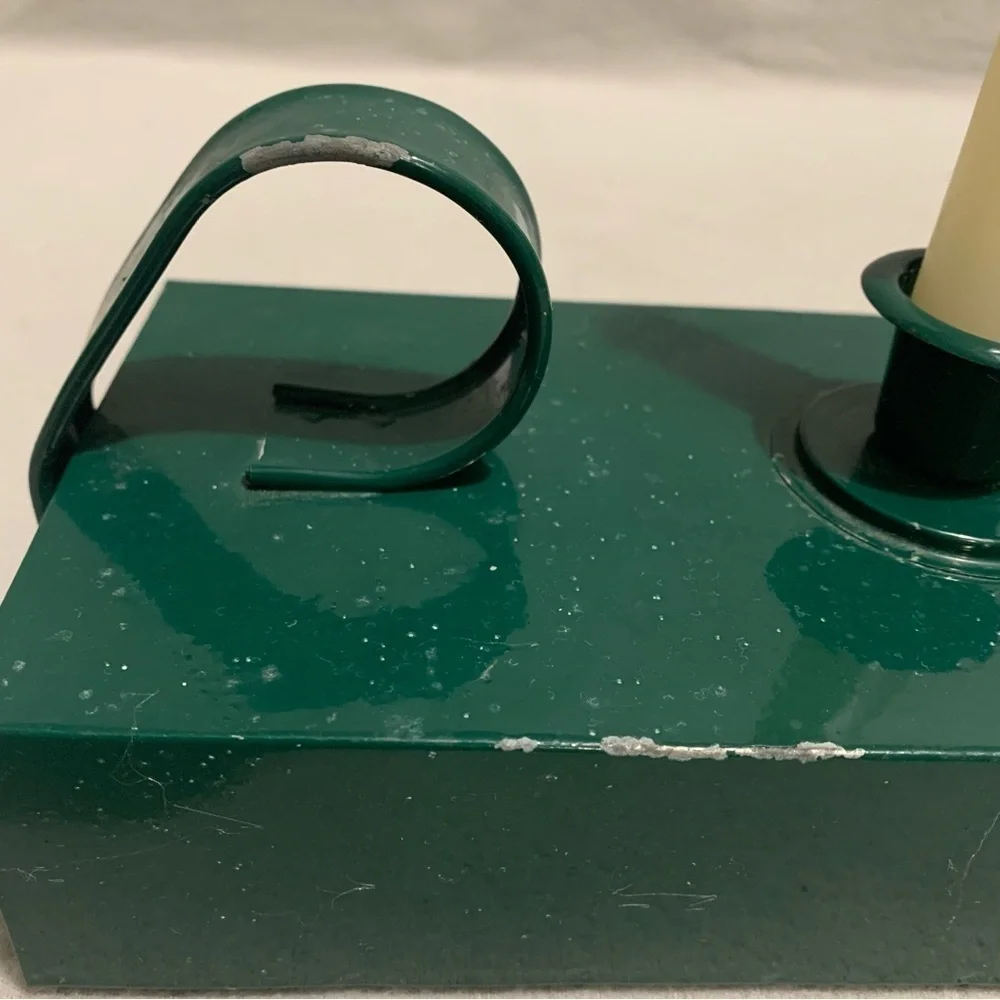 Vtg. Green Metal Chamber Candlestick Holder w/Candle Storage - Candles Included
